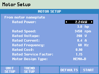 Input details of the motor from the rating plate including rated power, rated speed and motor type from either NEMA or IEC classifications